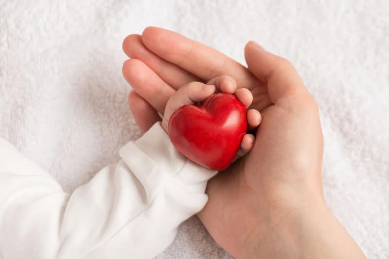 un bébé qui tient un coeur dans la main de sa maman